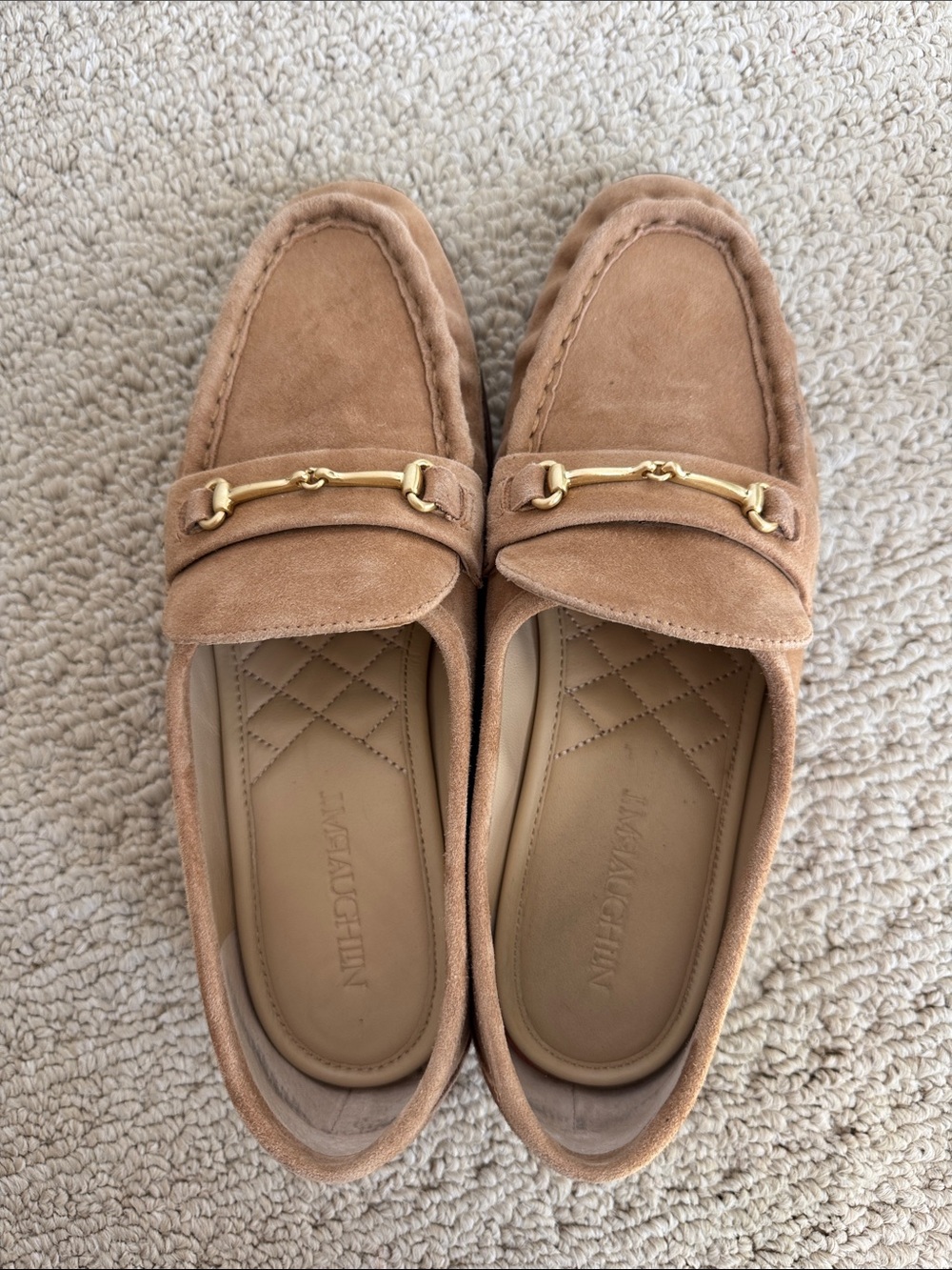 J. McLaughlin Camel Suede Slip-On Loafers with Gold Bit